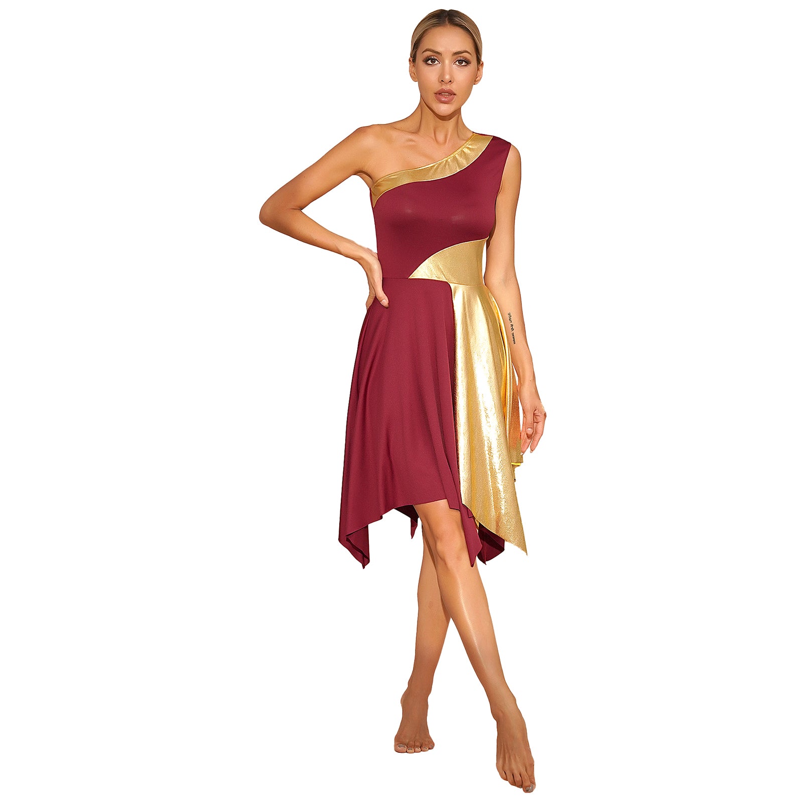 One Shoulder Irregular Hem Dance Performance Dress — Lyrical Worship Dancewear Costume