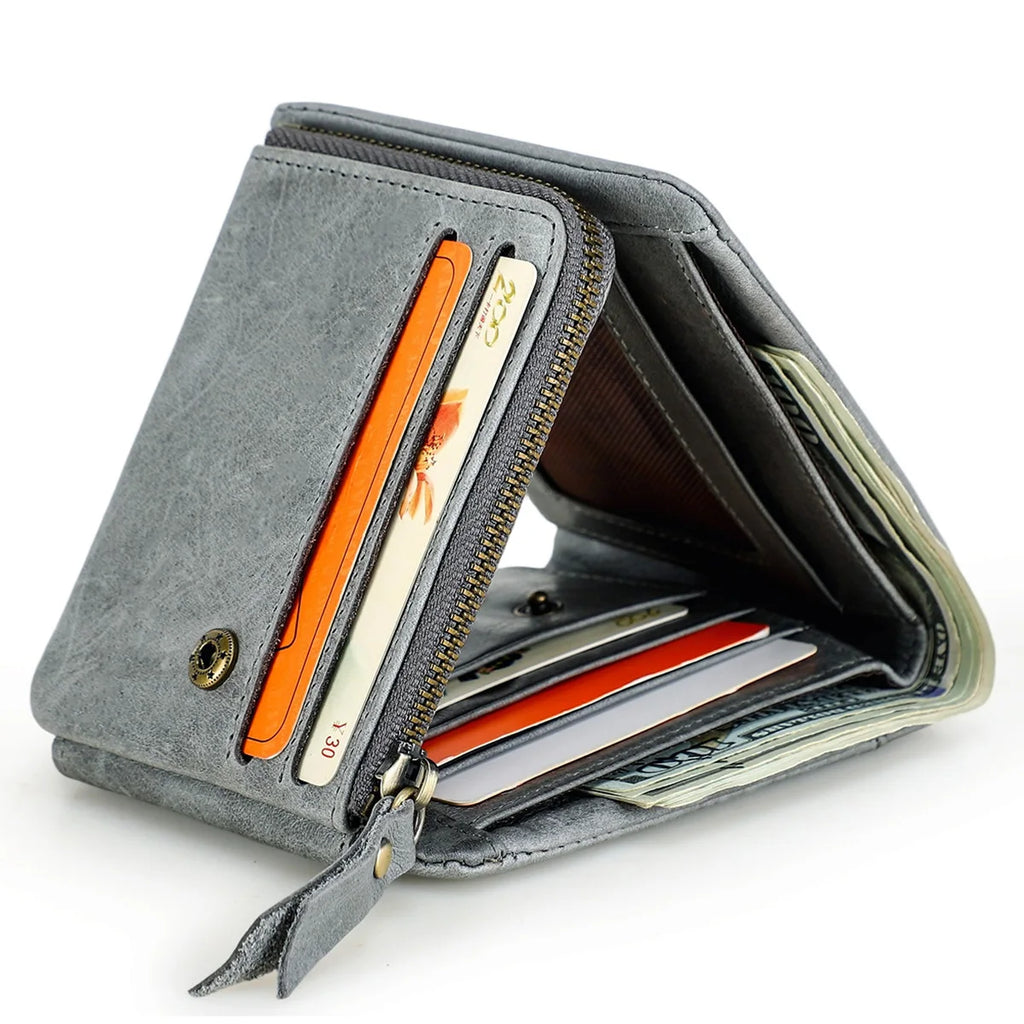 Genuine Cowhide Leather Men's Trifold Wallet – Vintage Crazy Horse Leather Zip Coin Pocket Purse