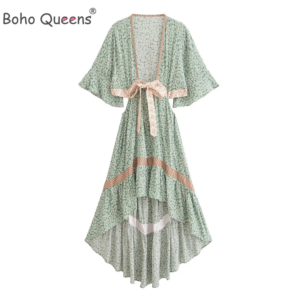Bohemian Hollow Out Beach Dress — Short Sleeve High-Low Boho Maxi Dress