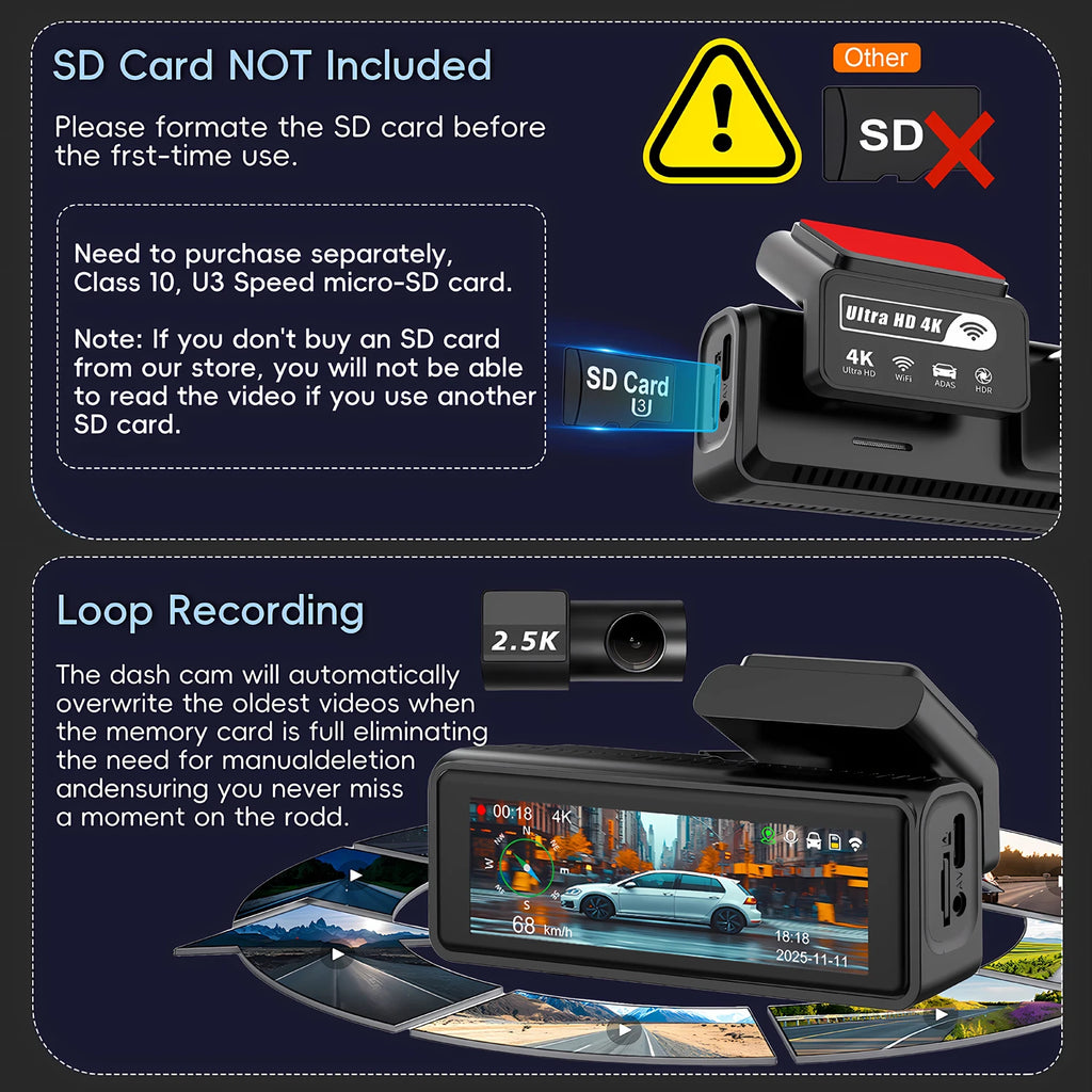 ADAS 4K+2.5K Dash Cam – GPS, WiFi, 24H Night Vision, Optional Rear Lens, Mini Car DVR