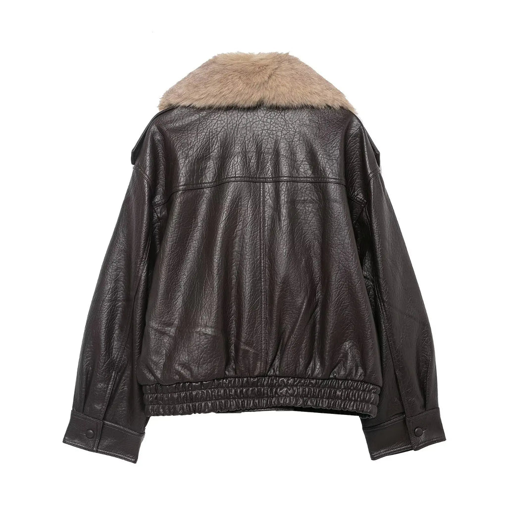 Women's Double-Breasted Faux Fur Collar Leather Bomber Jacket – Loose Warm Streetwear Coat