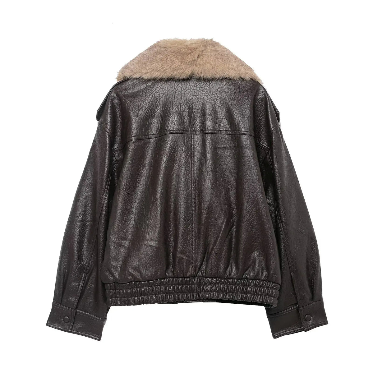 Women's Double-Breasted Faux Fur Collar Leather Bomber Jacket – Loose Warm Streetwear Coat