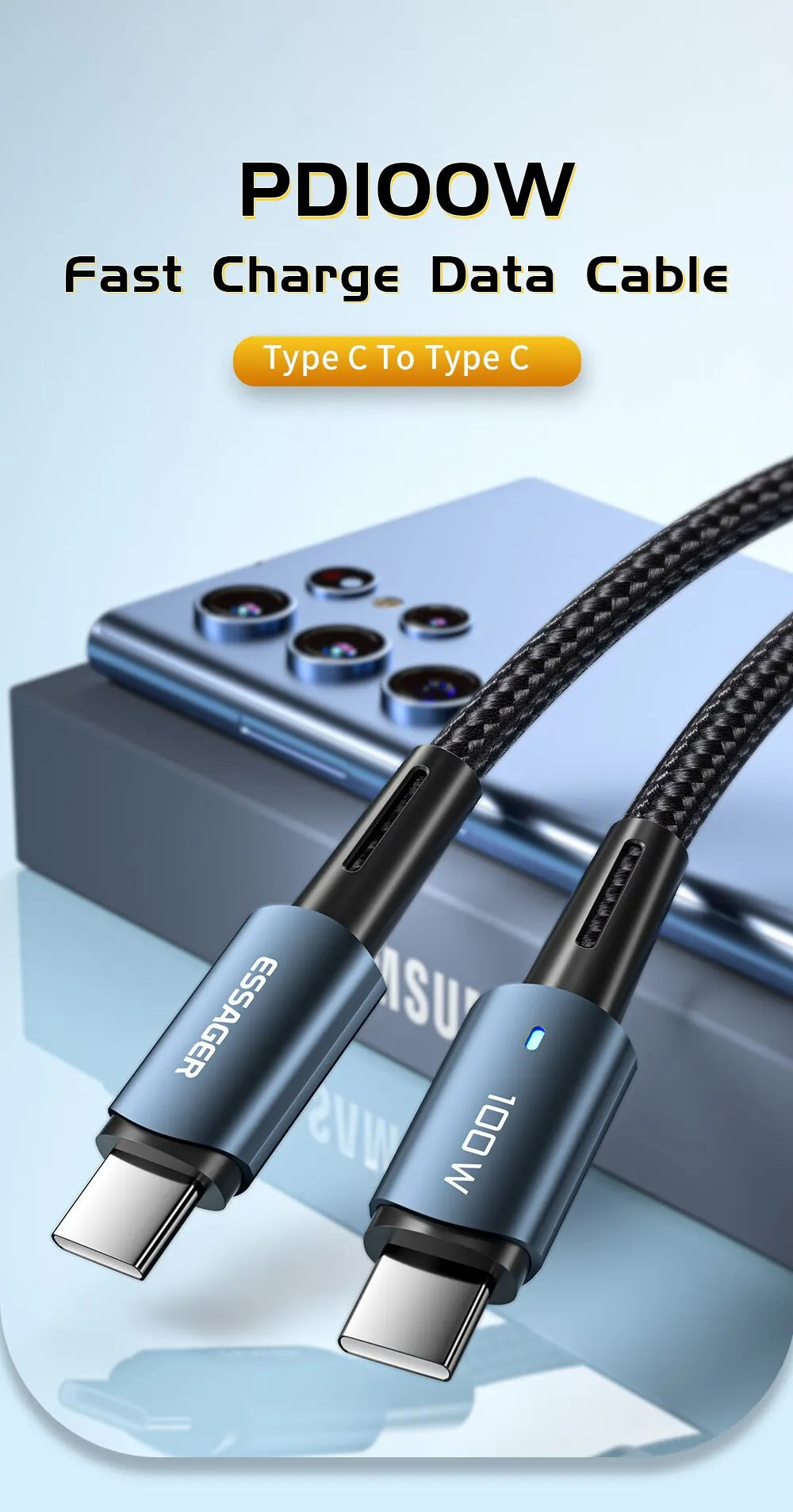 Fast Charge Everything. — Essager PD 100W/60W USB-C to USB-C Fast Charging Cable | 0.25m, 1m, 2m & 3m, Xiaomi, Samsung, Huawei, MacBook, iPad, Black, Blue & Brown