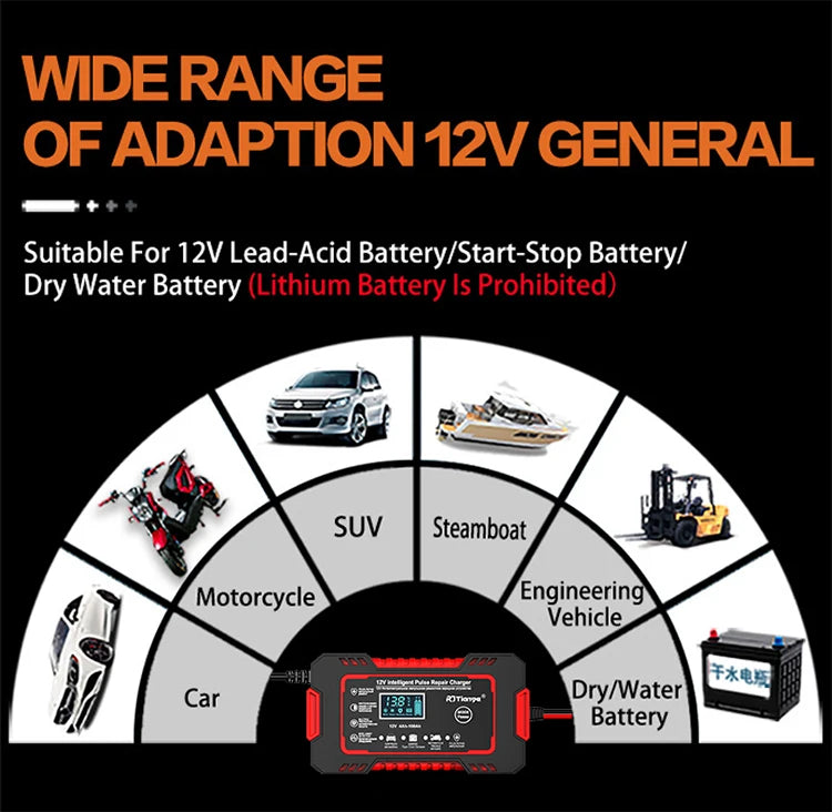 12V 6A Smart Car Battery Charger — LCD Touch Screen Pulse Repair for AGM, GEL & Lead Acid Batteries