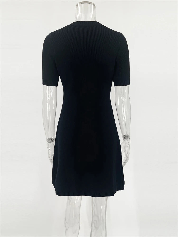 Elegant Knit Rib Mini Dress — High Waist Short Sleeve Bodycon Sweater Dress