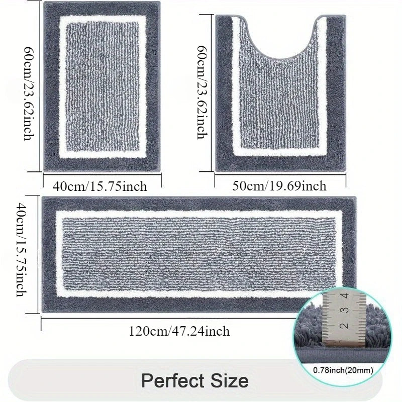 Washable Microfiber Bathroom Rug Set – 3-Piece Non-Slip Absorbent Bath Mats with U-Shaped Toilet Mat, 8 Colors