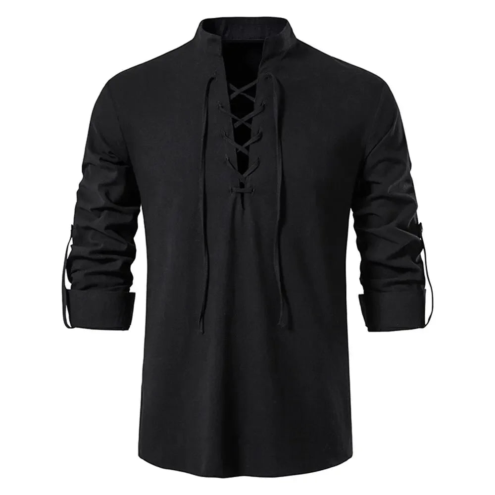 Men's Cotton Linen Drawstring Long Sleeve Shirt — Vintage Casual US Size Top