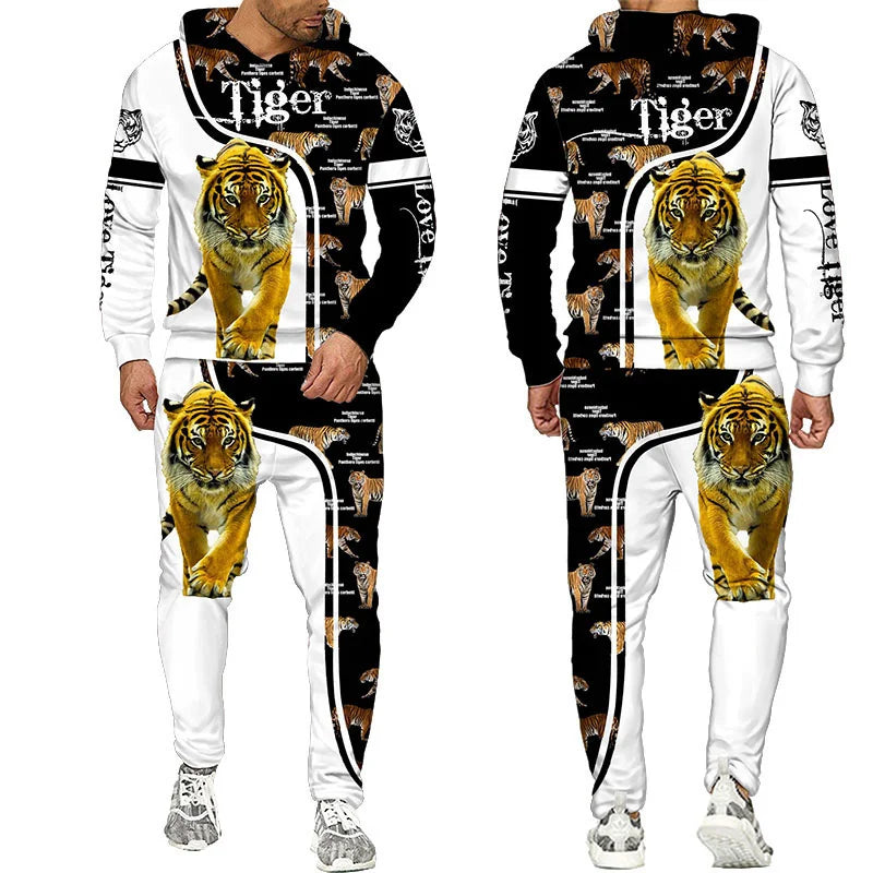 Men's 3D Tiger Print Hoodie & Pants Tracksuit Set – 2-Piece Sportswear