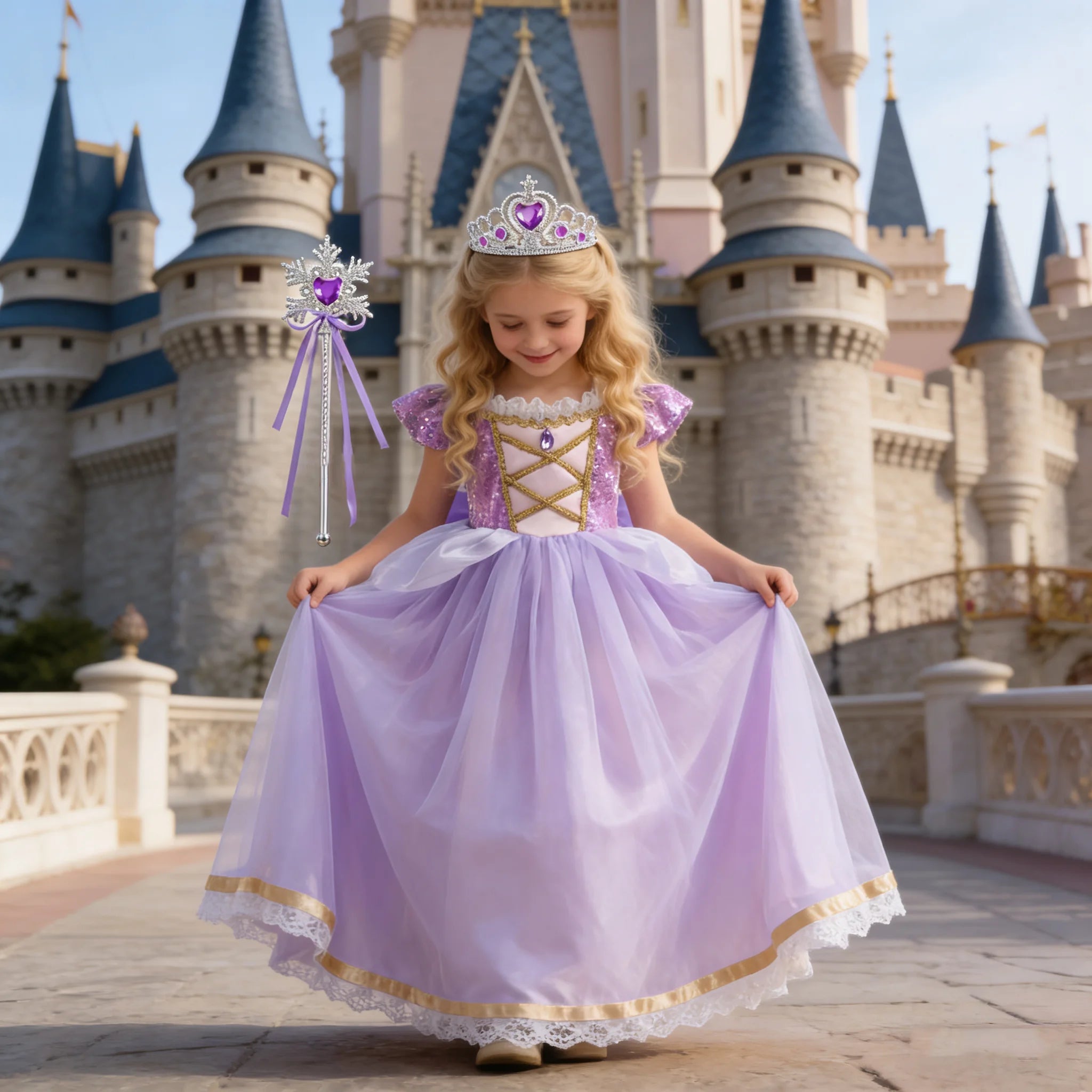 Girls Rapunzel Princess Costume Dress — Purple Puffy Halloween & Birthday Party Dress