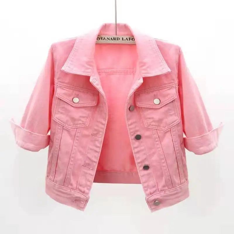 Women's Denim Jacket – Short Casual Jean Coat in Pink, White, Light Blue & Lavender