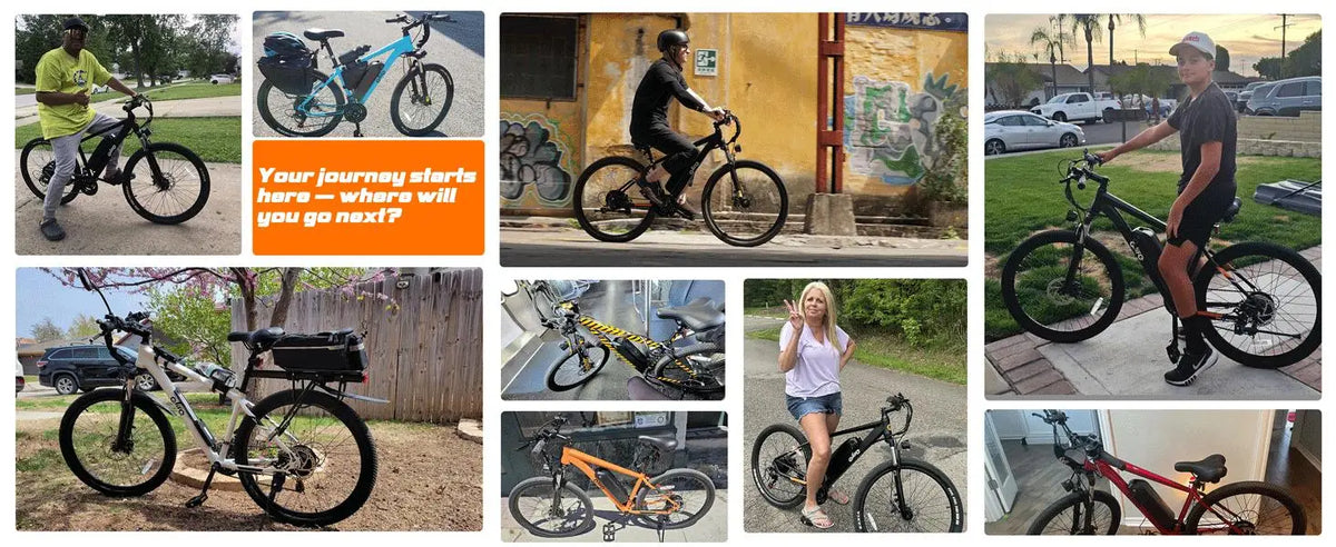 A collage of multiple outdoor photos showing people riding or standing with different bicycles in real-world settings. The image includes a central orange promotional panel with the text 'Your journey starts here - where will you go next?' and several bike photos around it.