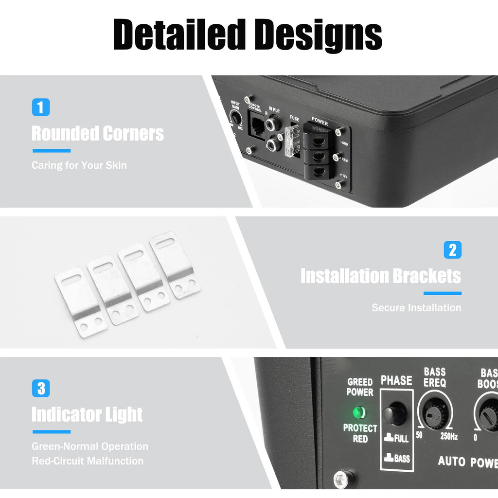 Car audio subwoofer with dimensions and placement options shown inside a vehicle.