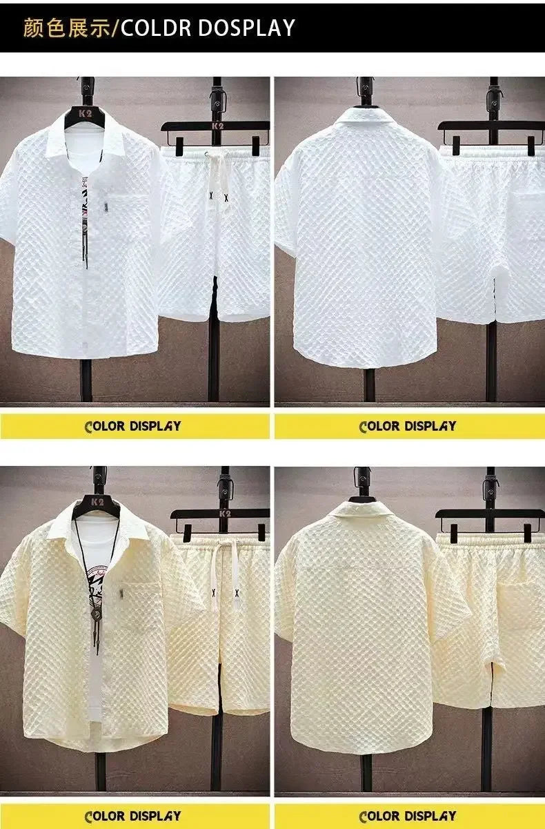 Men's Ice Silk Plaid Lapel Shirt & Shorts Set – Korean Luxury Casual Oversize 2-Piece