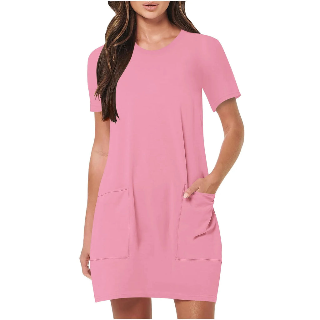 Solid Color Pocket Casual Sports Dress — Short Sleeve O-Neck A-Line Knee-Length Dress