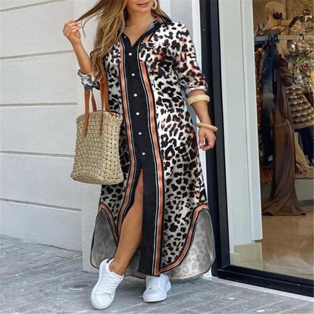 Lapel Literary Print Long Shirt Skirt Dress — Loose Single-Breasted Casual Women's Dress