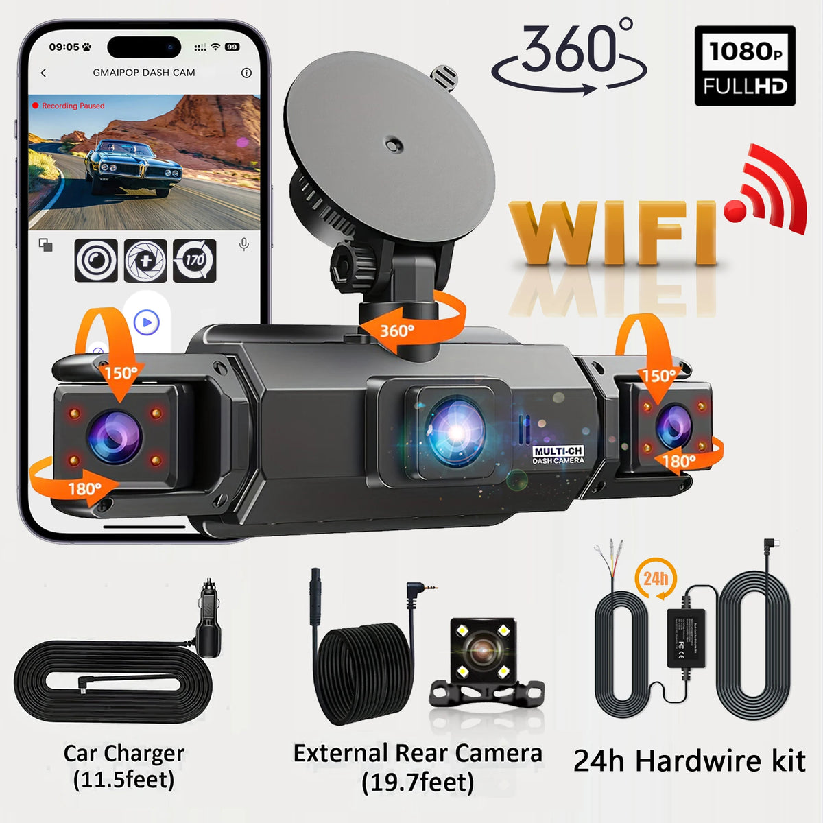 4-Channel WiFi Dashcam – FHD 1080P, Night Vision, Loop Recording, Parking Monitor | Front + Rear + Side