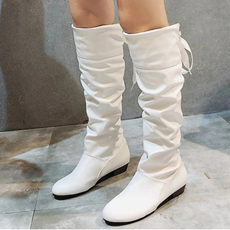 Women's Pleated Knee-High Boots — Low Heel Leather