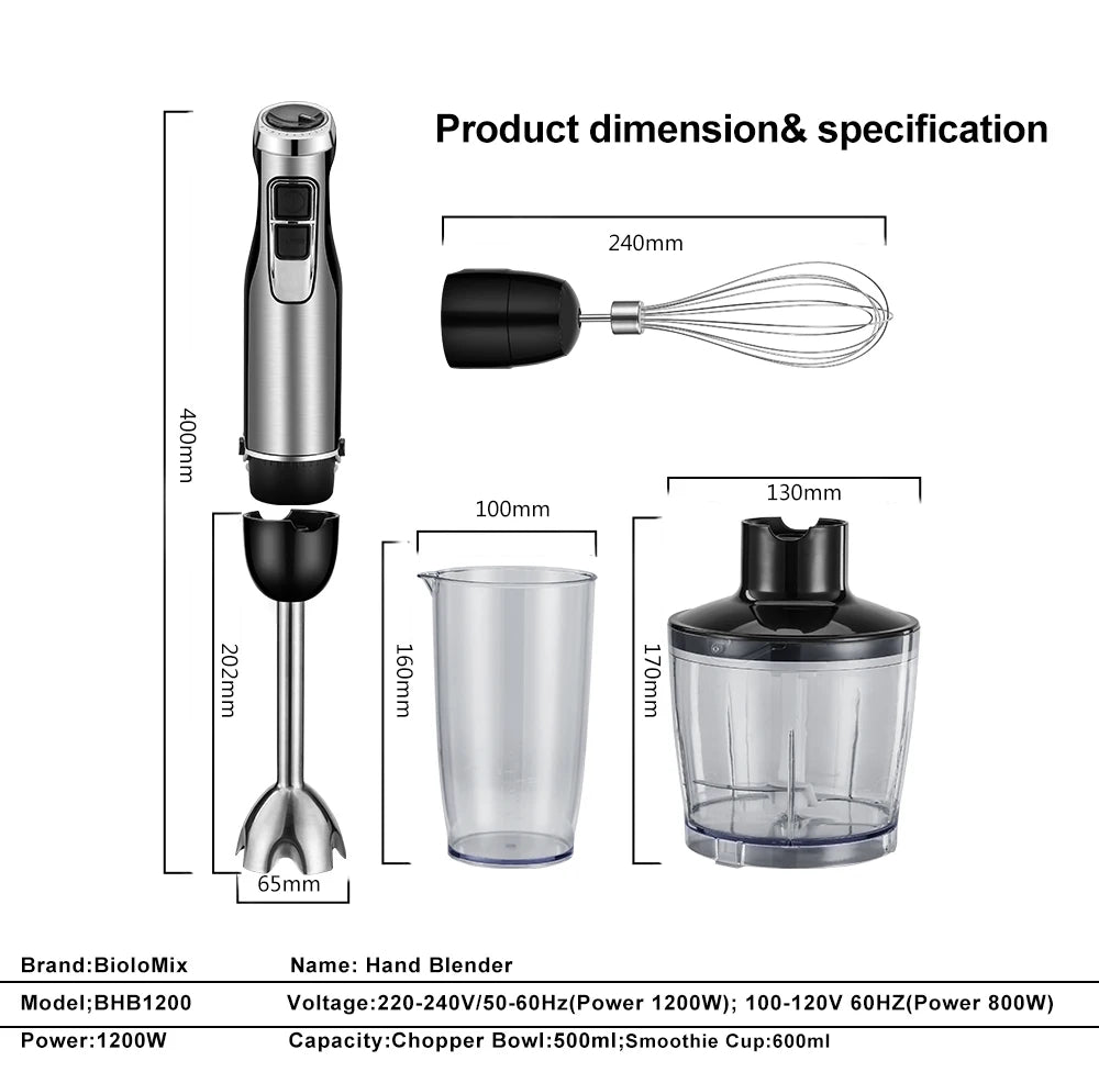 4-in-1 1200W Immersion Hand Blender — Chopper, Smoothie Cup & Stainless Steel Ice Blades