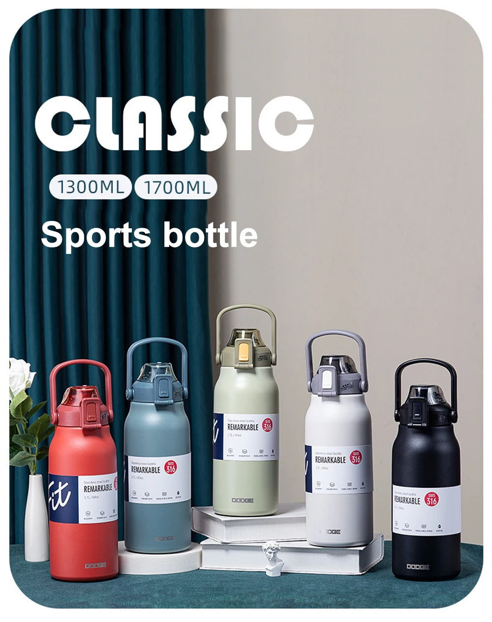 DODGE Large Capacity Vacuum Thermos Bottle with Straw – 1300ml/1700ml, 6–12Hr Insulated, CE/CIQ, 7 Colors