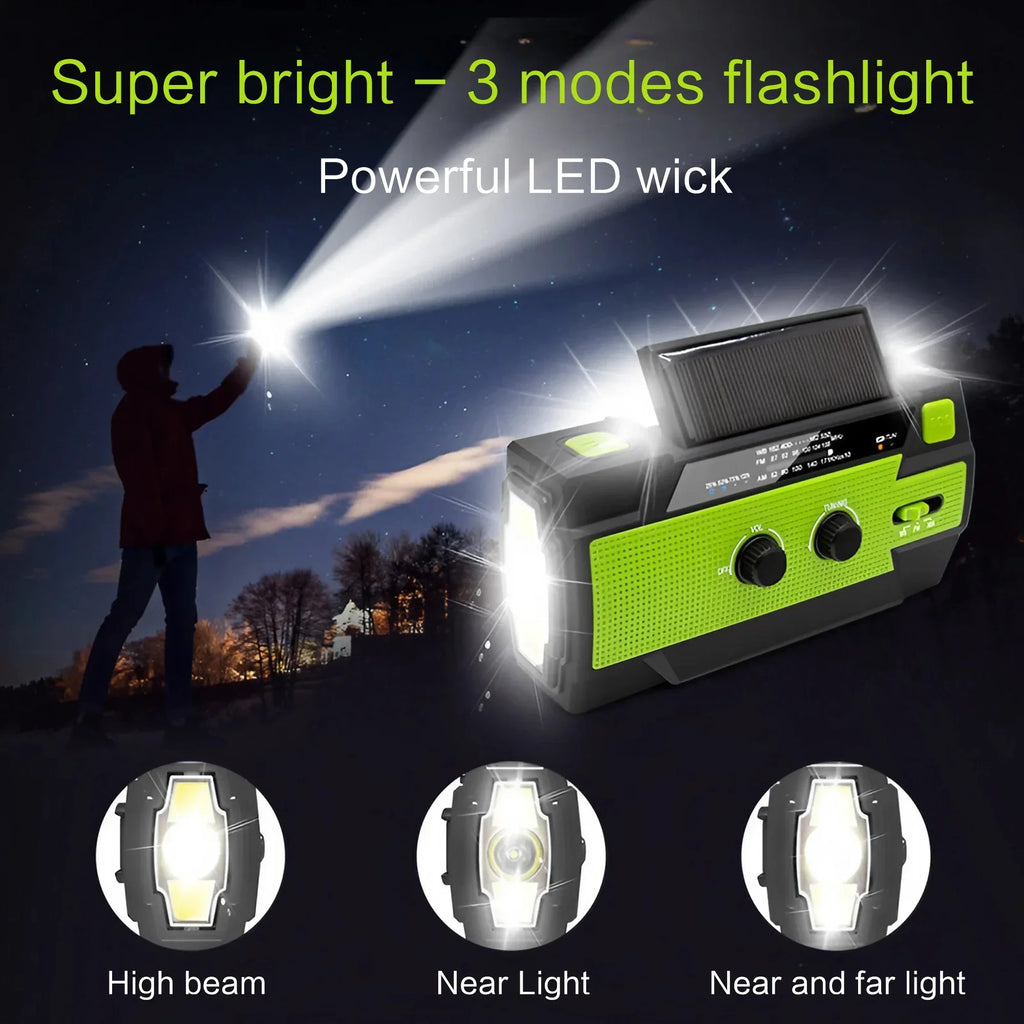 Emergency Weather Radio — FM/AM/WB, Hand Crank Solar, 2000mAh Power Bank & LED Flashlight