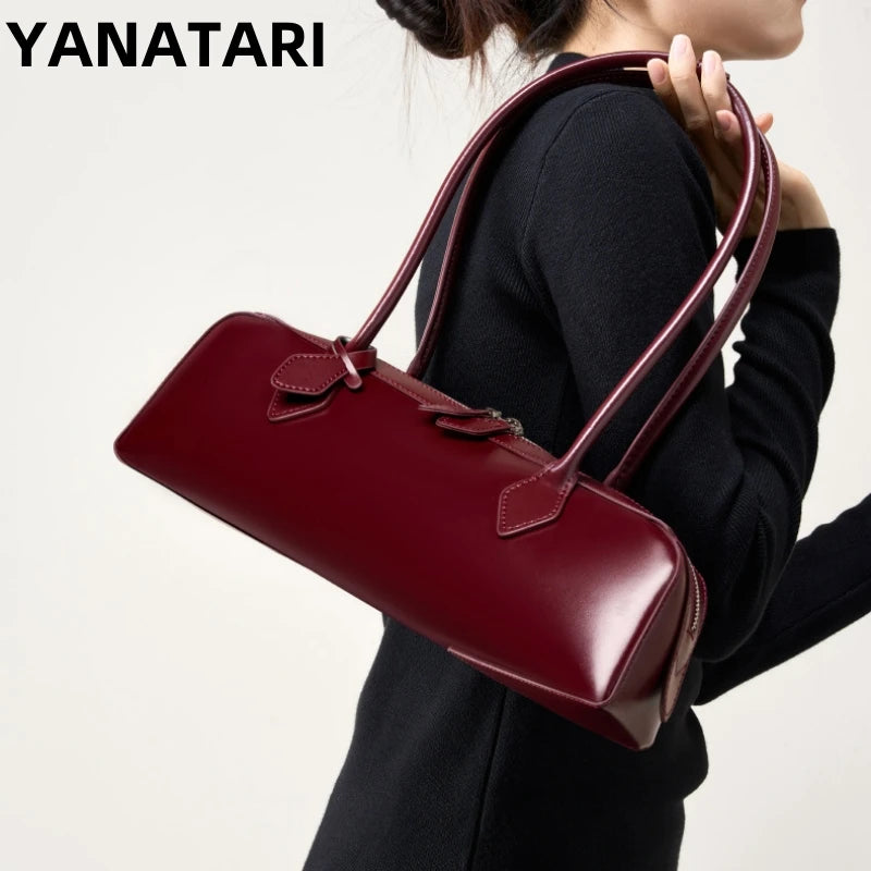 Vintage Genuine Leather Baguette Shoulder Bag – Korean Luxury Underarm Handbag for Women