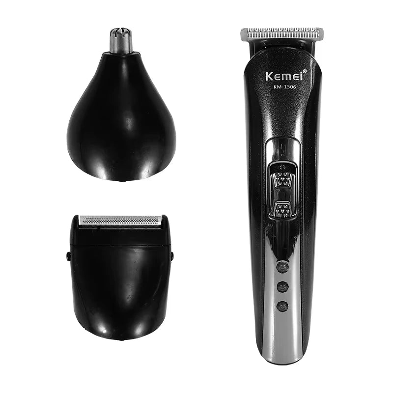 Kemei KM-1506 3-in-1 Electric Hair Clipper, Shaver & Nose Trimmer – USB Rechargeable