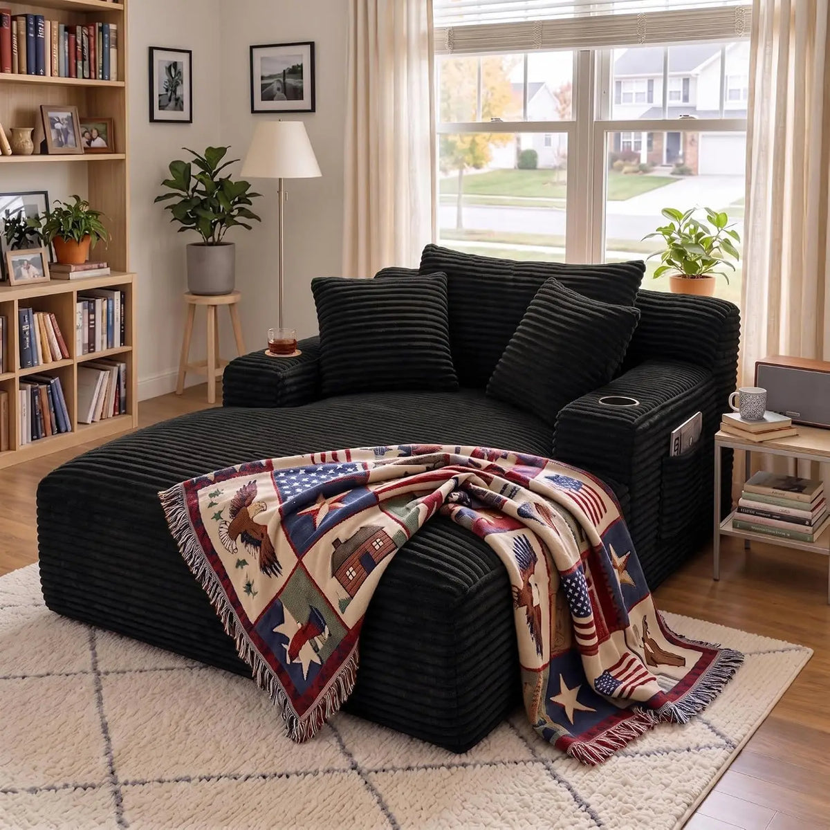 66-Inch Corduroy Chaise Lounge with 3 Pillows