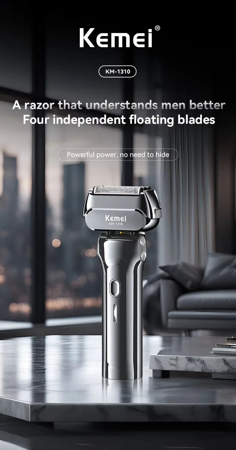 Kemei KM-1310 Rechargeable Men's Electric Shaver – 4-Blade Reciprocating, Wet/Dry, 100-Min Battery