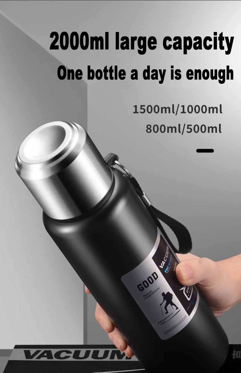 CZSAE 316 SS Vacuum Thermos Tumbler – Bullet Shape, 12–24Hr Insulated, 600ml–2000ml, Silver & Black, CE Certified