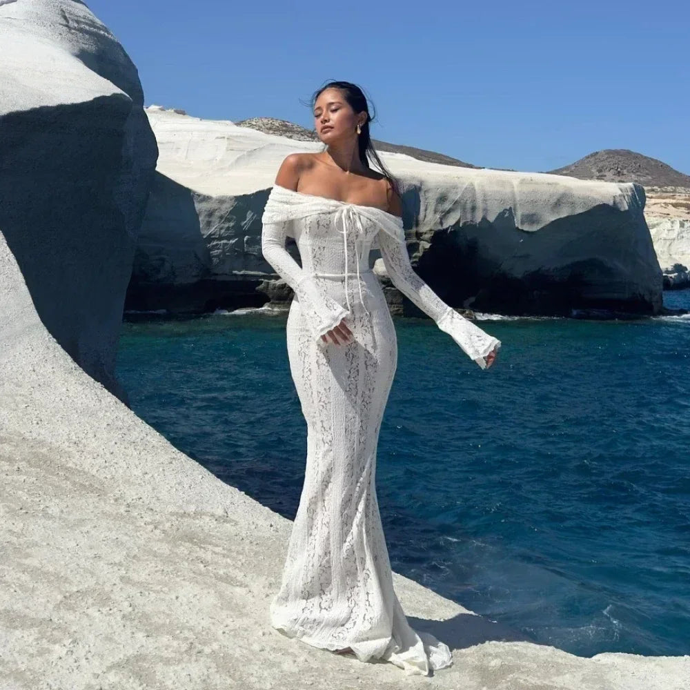 Elegant White Lace Evening Gown — Long Sleeve Wedding & Prom Dress