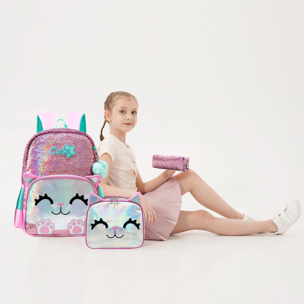 Pink Cat Backpack Set – Sequin School Bag, 3 Pieces