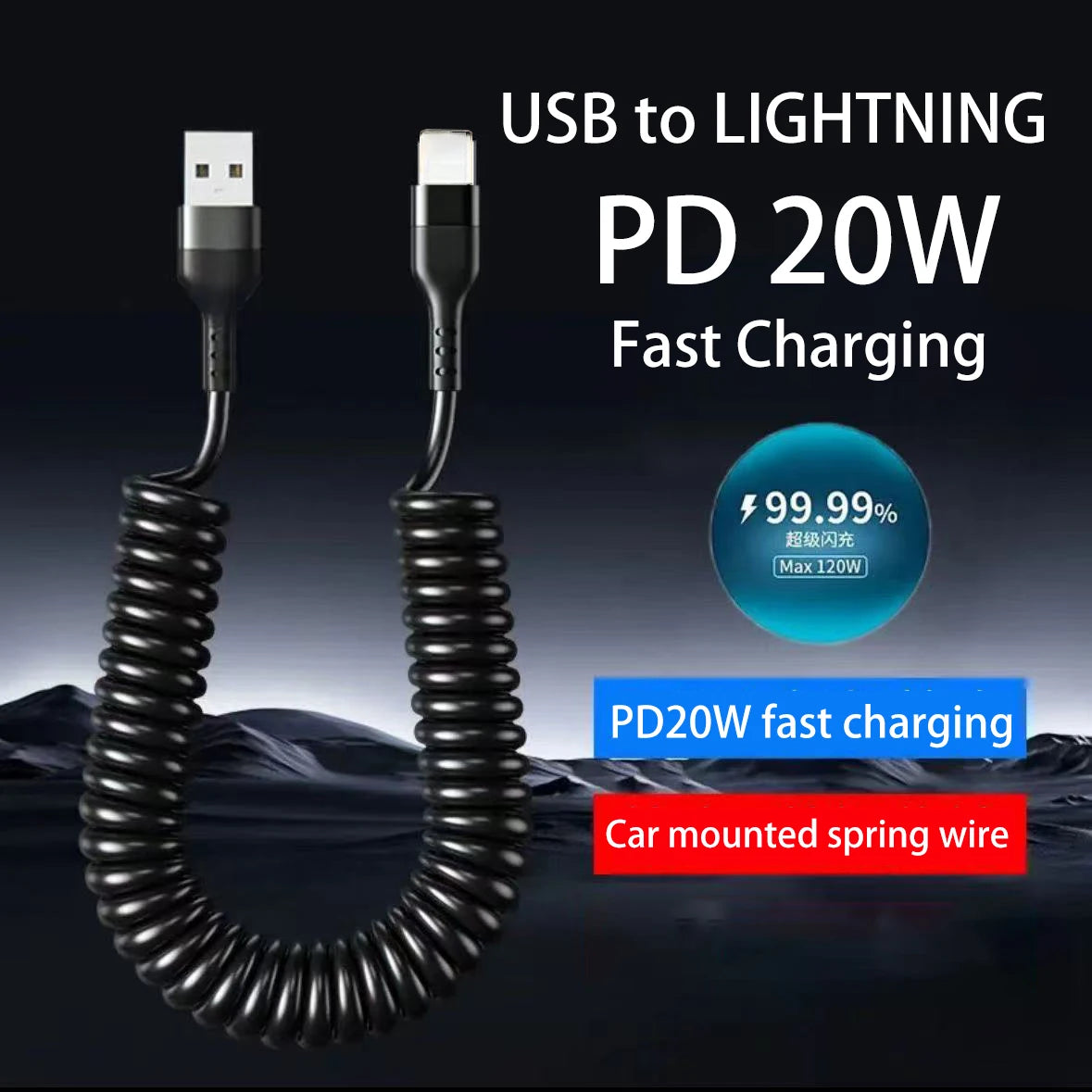 Retractable Fast Charging Spring Cable — USB-C & Lightning
