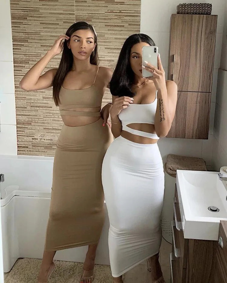 Sexy Pleated Hollow-Out Two-Piece Dress — Elegant Long Night Party Dress