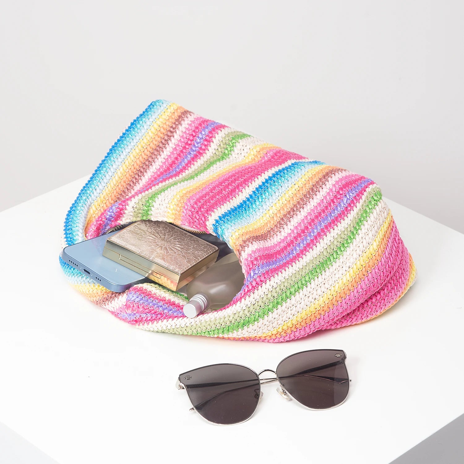 Colorful Ruched Striped Square Beach Bag – Summer Vacation Shoulder Bag for Women