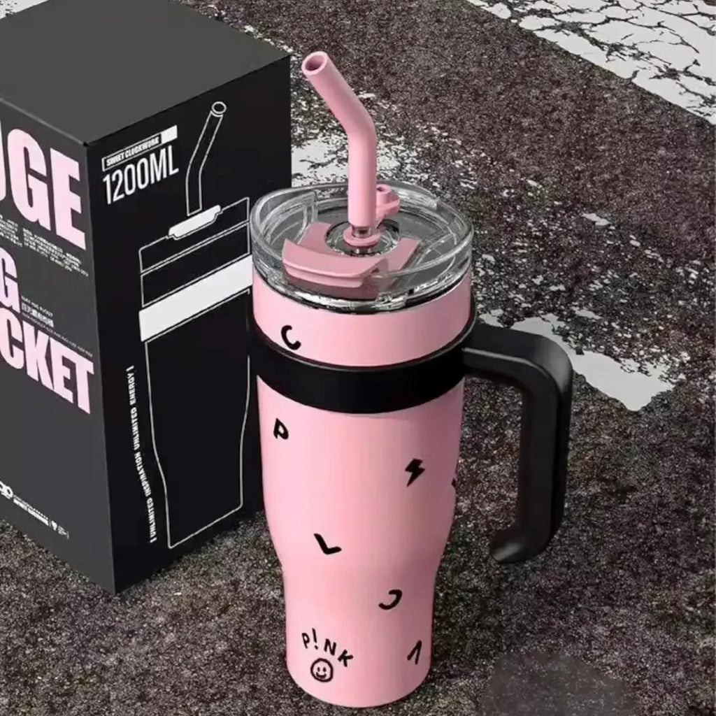 1200ml Stainless Steel Vacuum Insulated Tumbler with Straw – 6–12Hr Thermal, CIQ Certified, Outdoor & Travel, Pink & Black