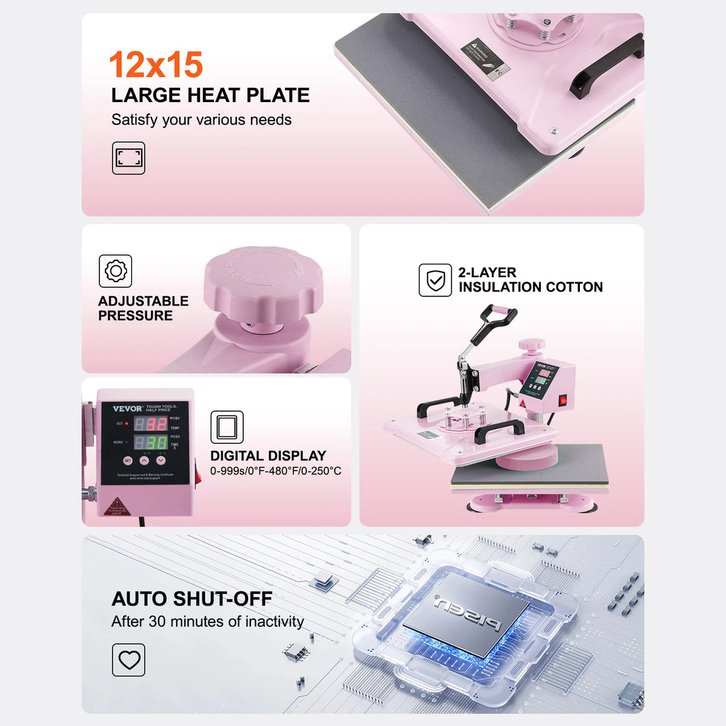 SucceBuy 8-in-1 Heat Press Machine — 360° Swing Away, 12x15" or 15x15", T-Shirts, Mugs, Hats & Plates