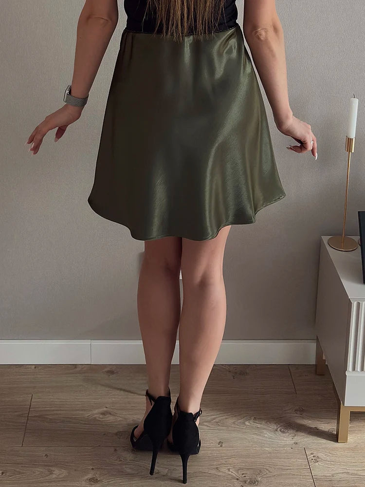 Women's Satin Mini Skirt – High Waist A-Line Luxury Office Wear in Black, Brown & Beige