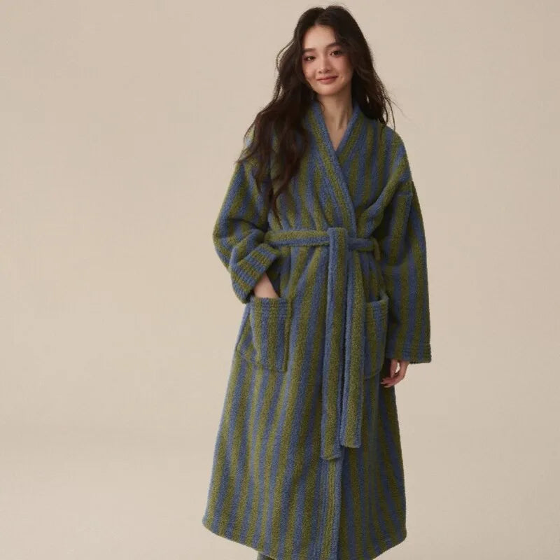 Women's Coral Velvet Striped Fleece Robe | Thick Plush Dressing Gown Loungewear
