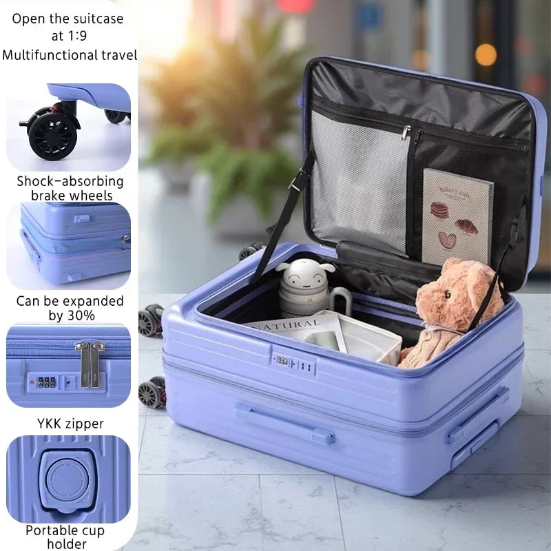 Expandable Front-Opening Suitcase – Cup Holder & Spinner Wheels
