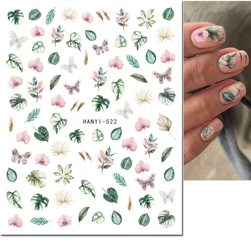 3D Summer Tropical Nail Art Sticker Decals — Palms, Butterflies & Flowers