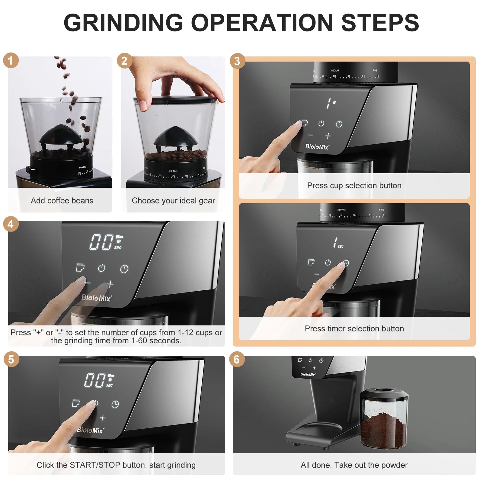 BioloMix Electric Coffee Grinder – 30 Grind Settings, Magnetic Ring, for Espresso, Drip & Pour Over