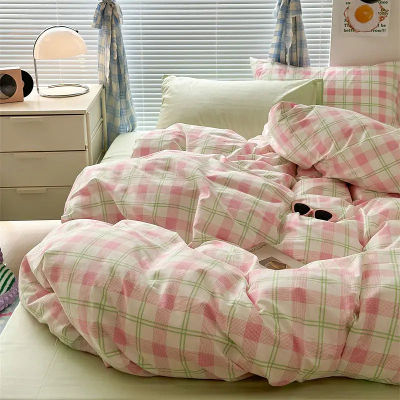 Pink Plaid Duvet Cover Set – Soft Flat Sheet & Pillowcase, Twin to Queen, Boys & Girls