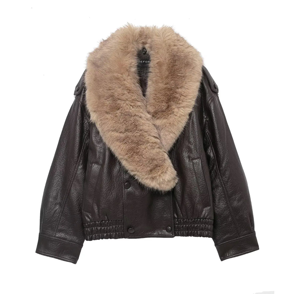Women's Double-Breasted Faux Fur Collar Leather Bomber Jacket – Loose Warm Streetwear Coat