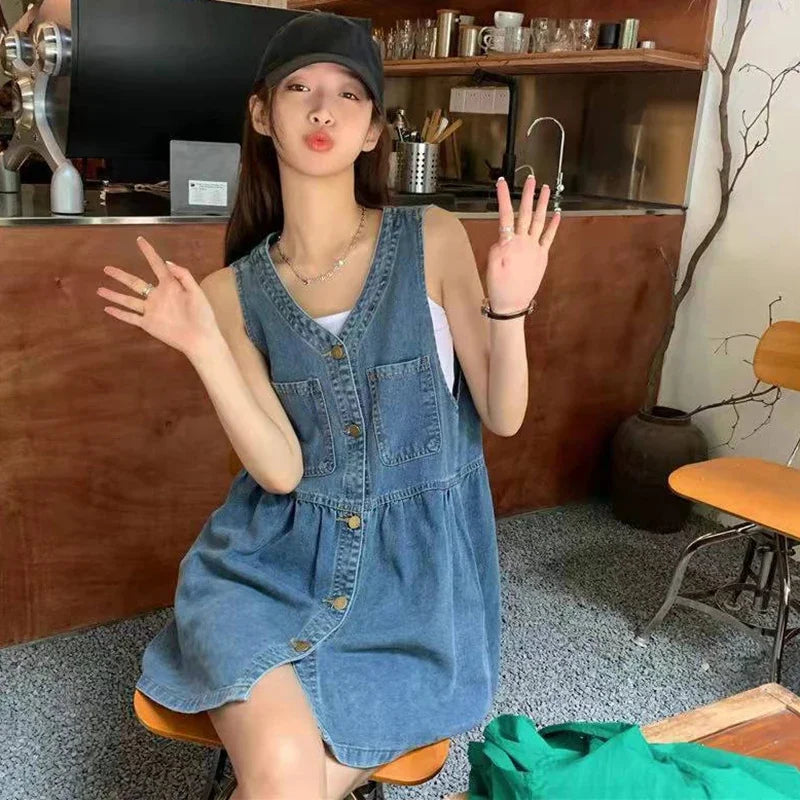 Sleeveless Denim Mini Dress — Korean Style Loose A-Line Dress with Pockets