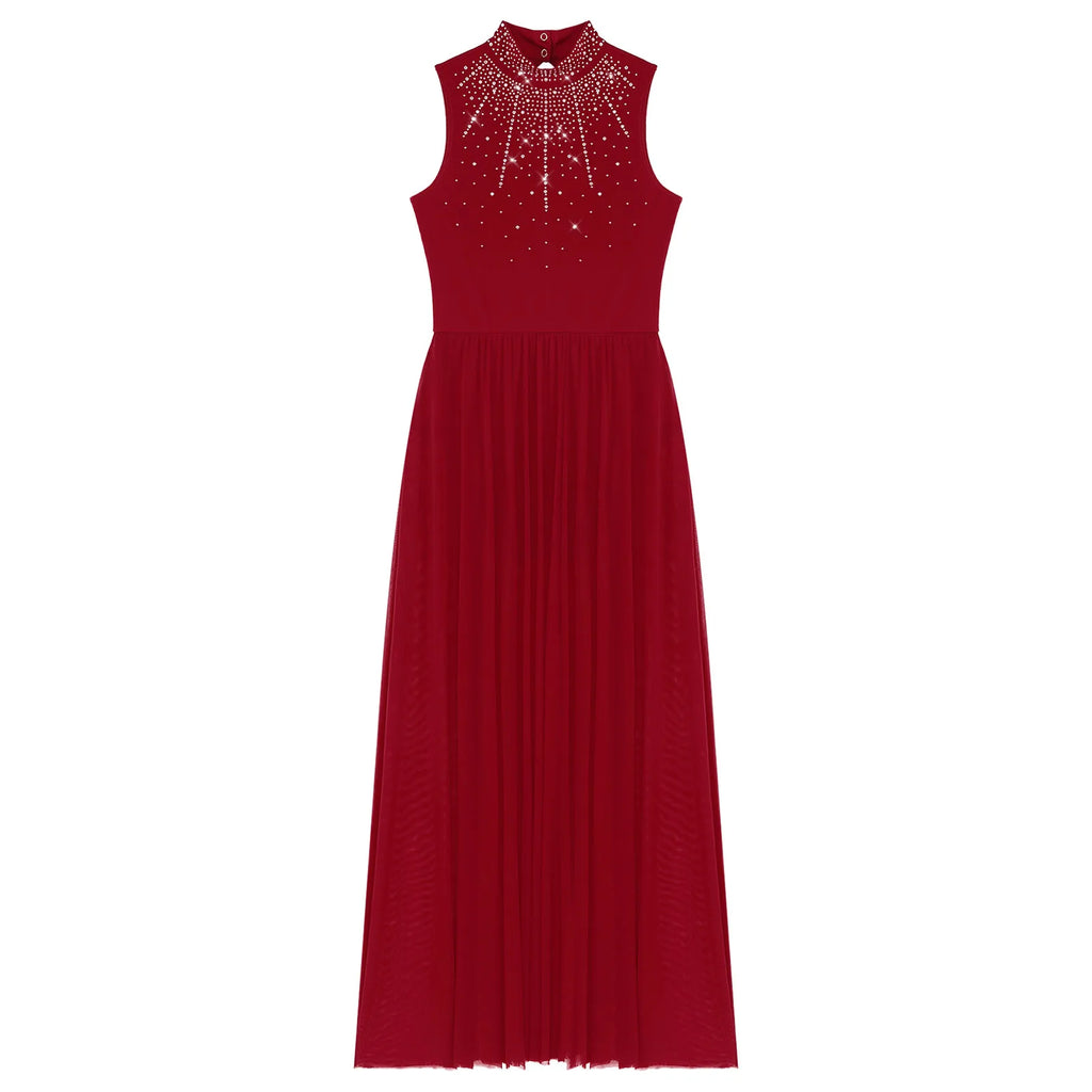 Rhinestone Maxi Sleeveless Contemporary Dance Dress — Mock Neck Wide Hemline Lyrical Leotard