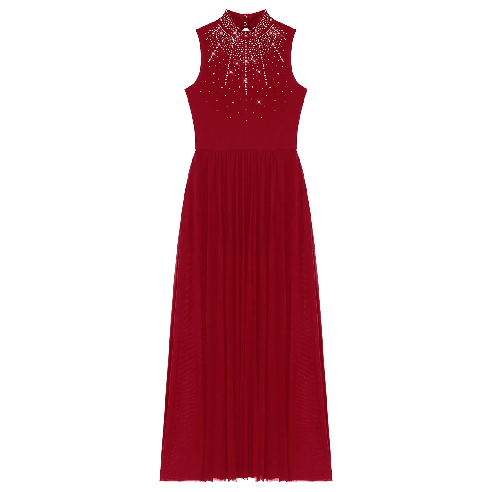 Rhinestone Maxi Sleeveless Contemporary Dance Dress — Mock Neck Wide Hemline Lyrical Leotard