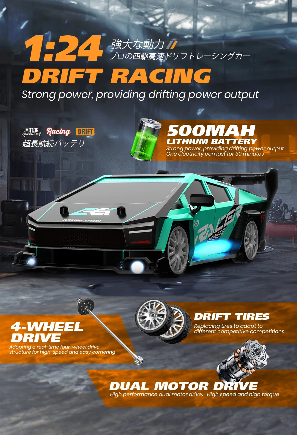 1:24 Scale 4WD RC Drift Car – 20KM/H High Speed LED Racing Vehicle