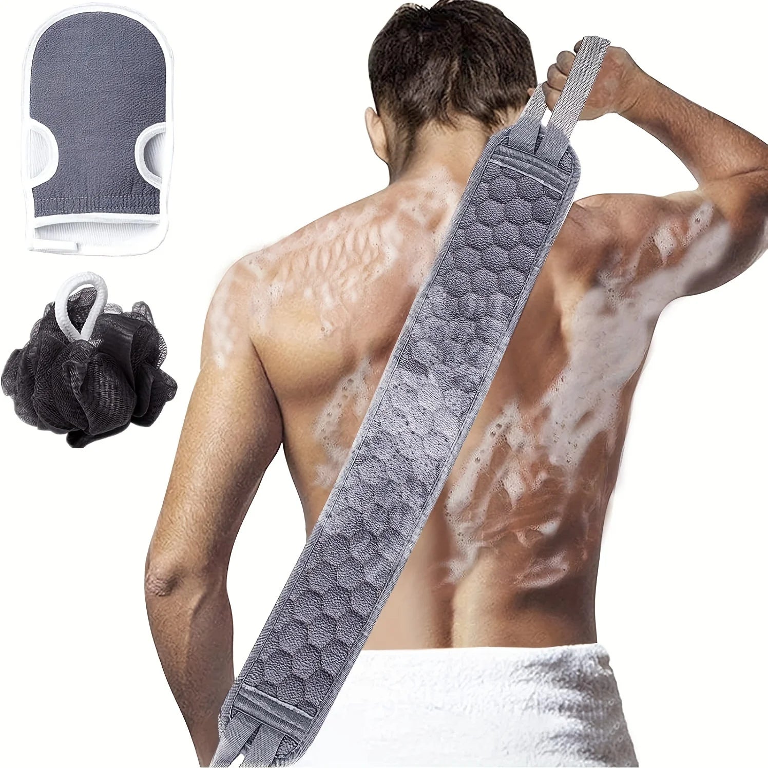 3-Piece Exfoliating Body Scrubber Set — Back Scrubber, Bath Glove & Shower Loofah for Deep Clean