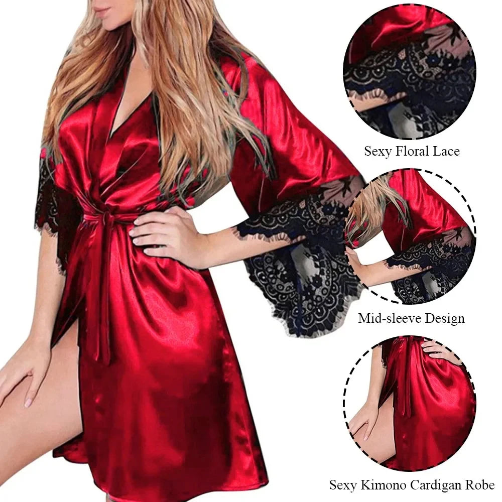 Women's Lace Floral Satin Night Gown Robe – Sexy French Silky Sleepwear with G-String