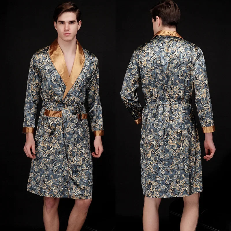 Men's Dragon Print Kimono Bathrobe — Plus Size Satin Robe